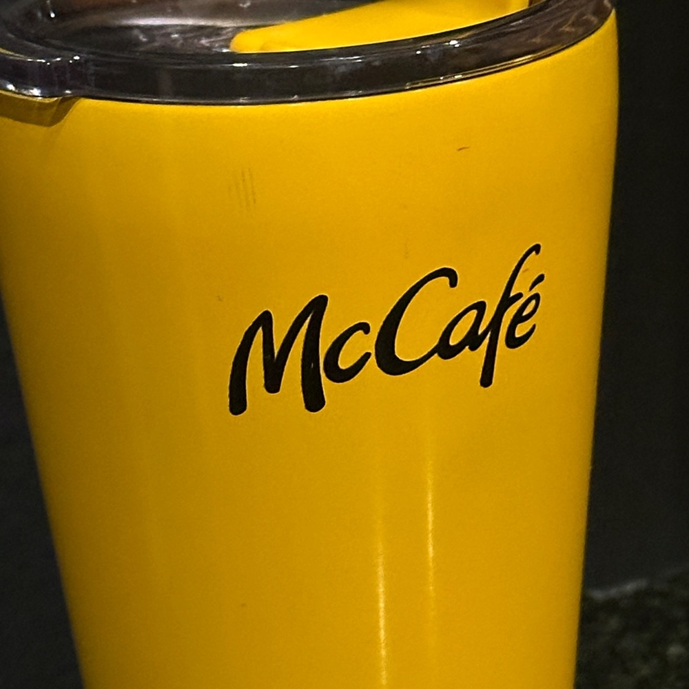 McCafé McDonald’s stainless steel timber with lid rare Yellow coffee cup EUC - Picture 2 of 8